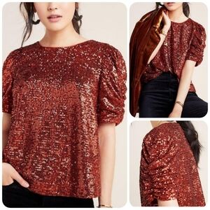 Anthropologie🎀NEW🎀puffed shoulder sequin shiny holiday blouse